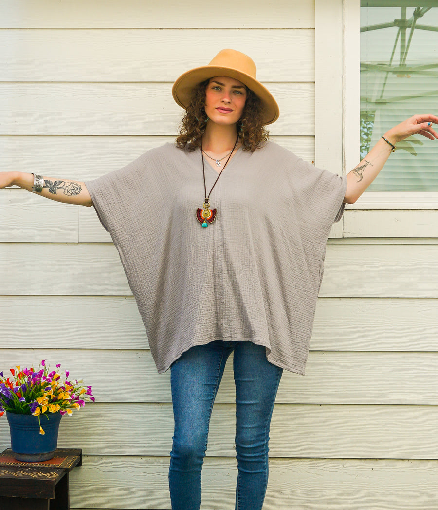 Kaftan Top – Stone Taupe | Organic Double Gauze Cotton