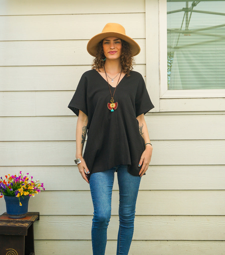 Kaftan Top – Black | Organic Double Gauze Cotton