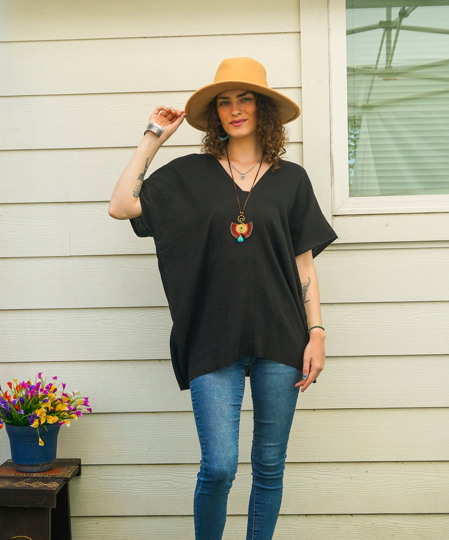 Kaftan Top – Black | Organic Double Gauze Cotton