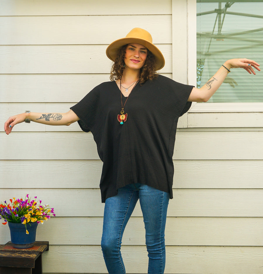 Black Double Gauze Kaftan Top