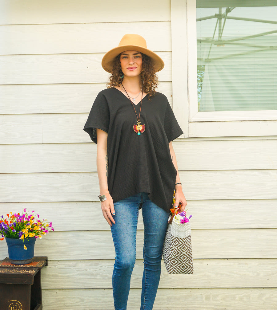 Black Double Gauze Kaftan Top