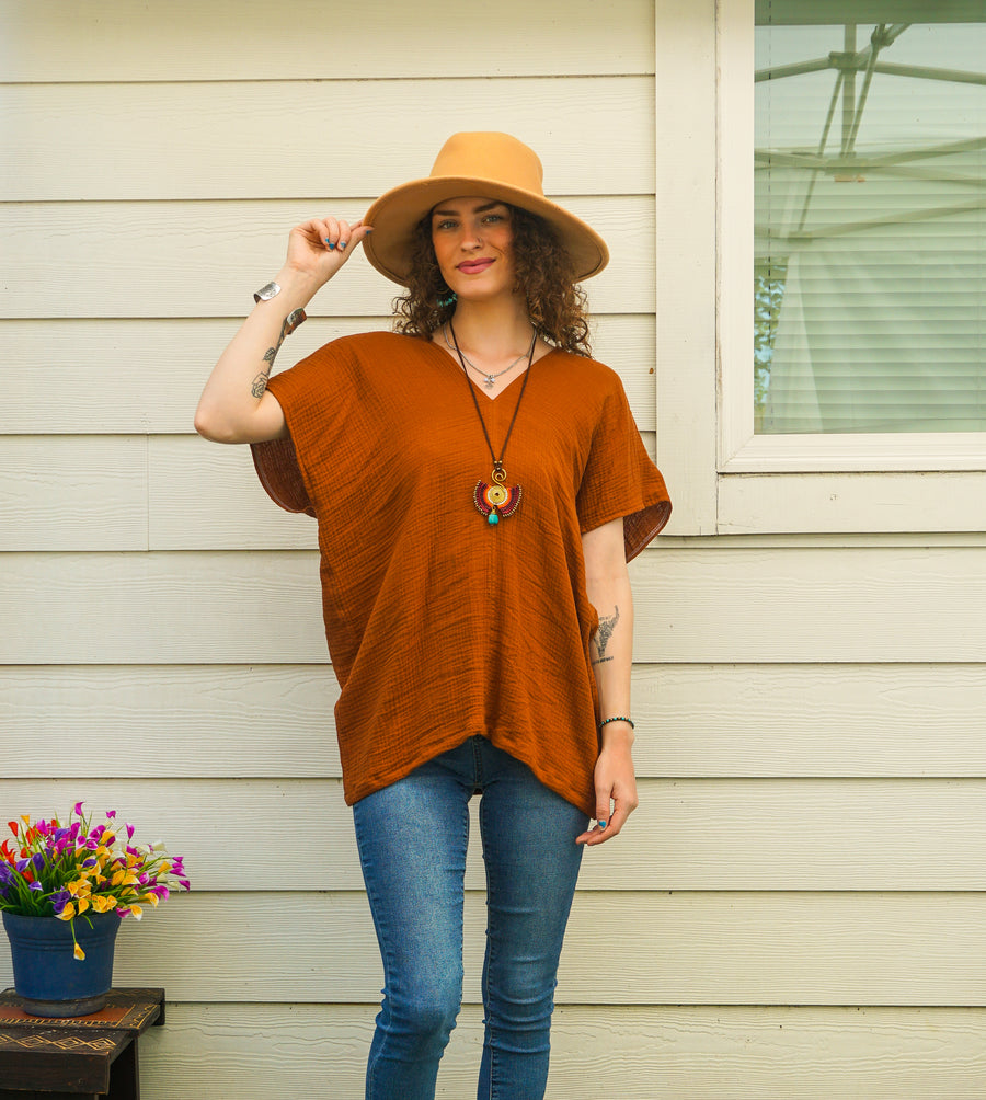 Terracotta Rust Double Gauze Kaftan Top