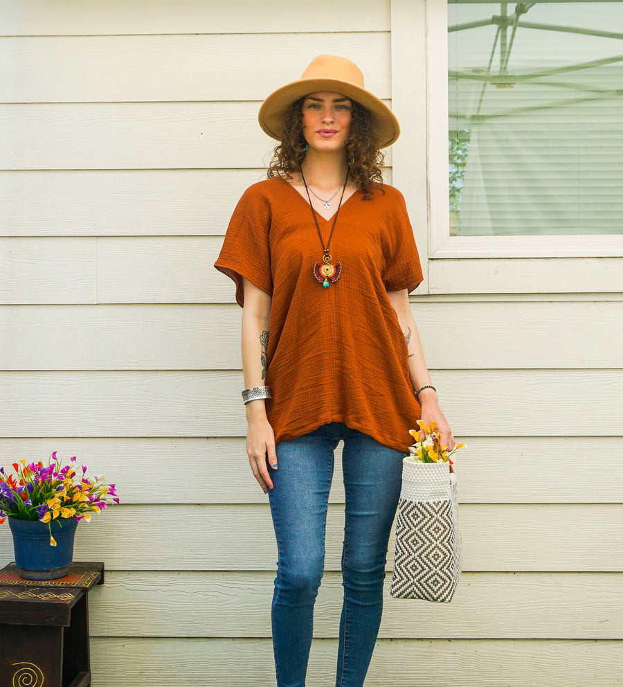 Terracotta Rust Double Gauze Kaftan Top