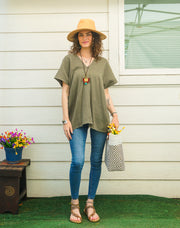Olive Double Gauze Kaftan Top