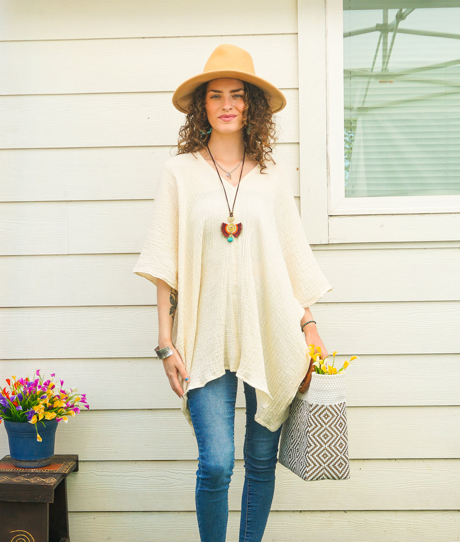 Soft Ivory Double Gauze Kaftan Top