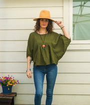 Olive Green Raw Natural Cotton Gauze Boho Minimalist Blouse
