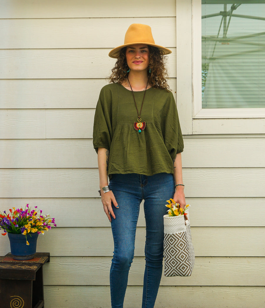 Olive Green Raw Natural Cotton Gauze Boho Minimalist Blouse