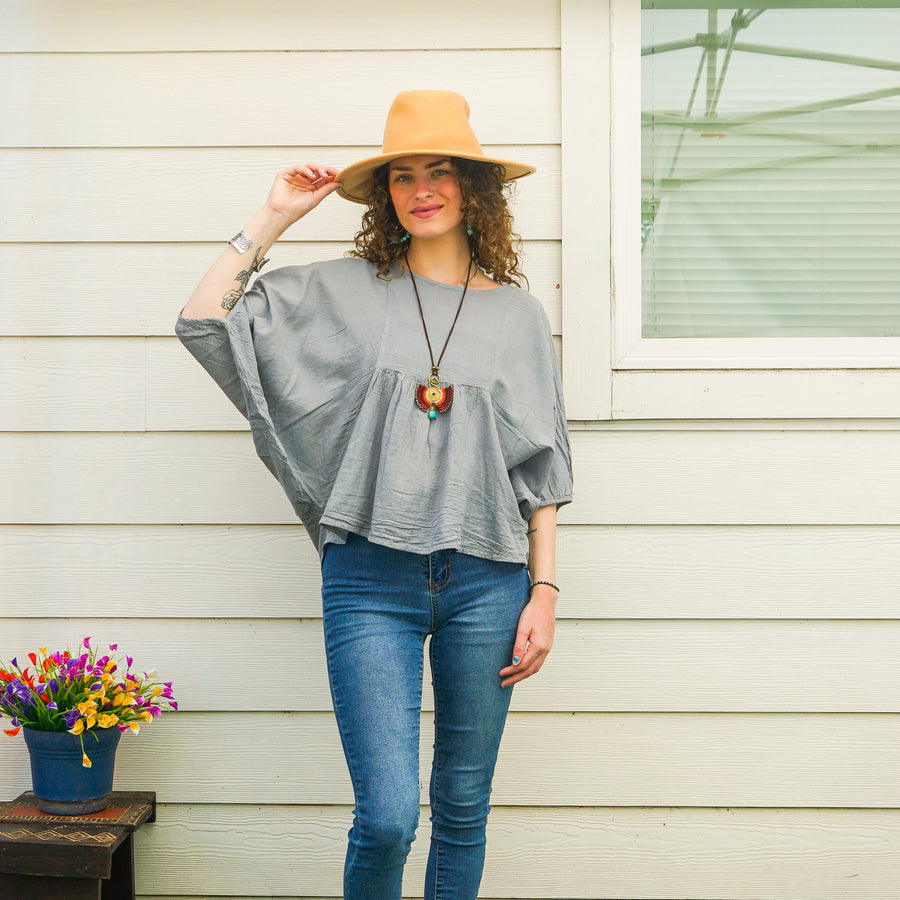 Light Gray Raw Natural Cotton Gauze Boho Minimalist Blouse