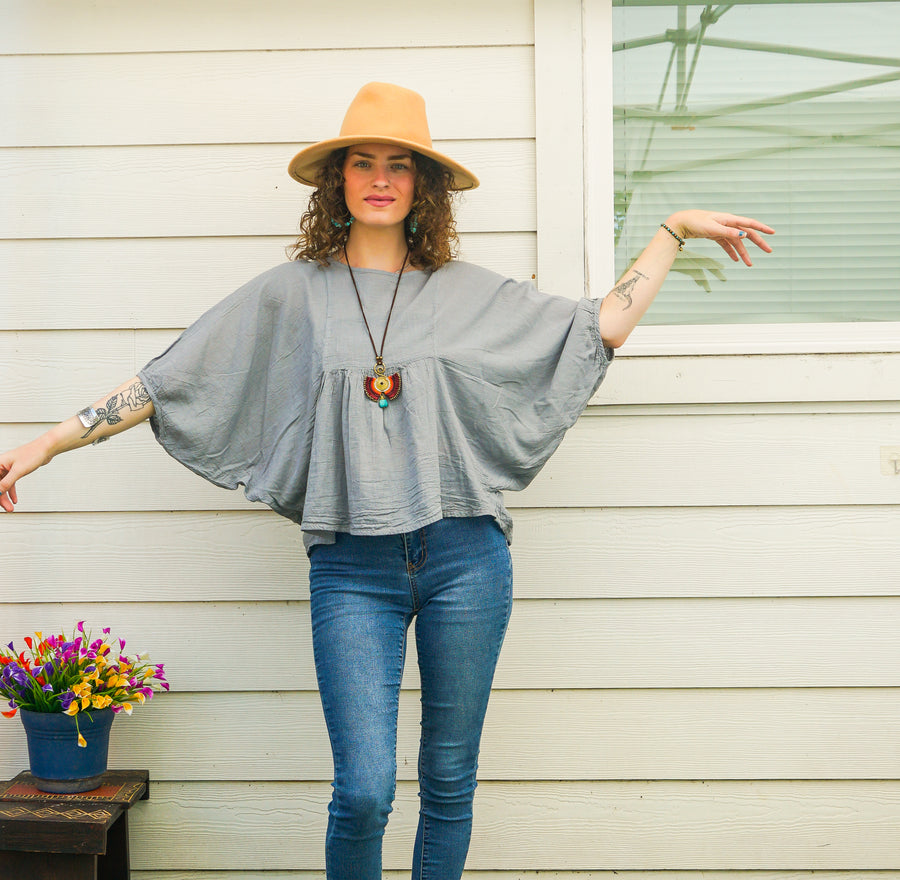 Light Gray Raw Natural Cotton Gauze Boho Minimalist Blouse