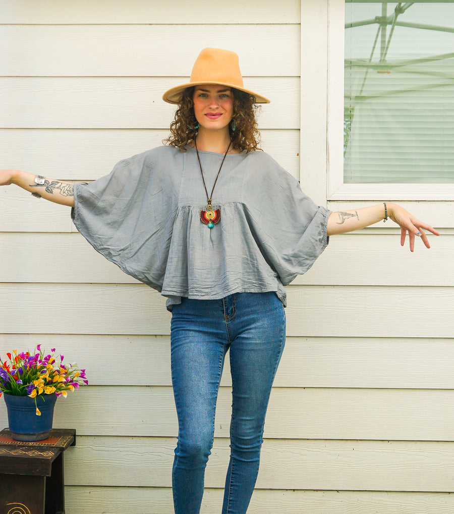 Light Gray Raw Natural Cotton Gauze Boho Minimalist Blouse