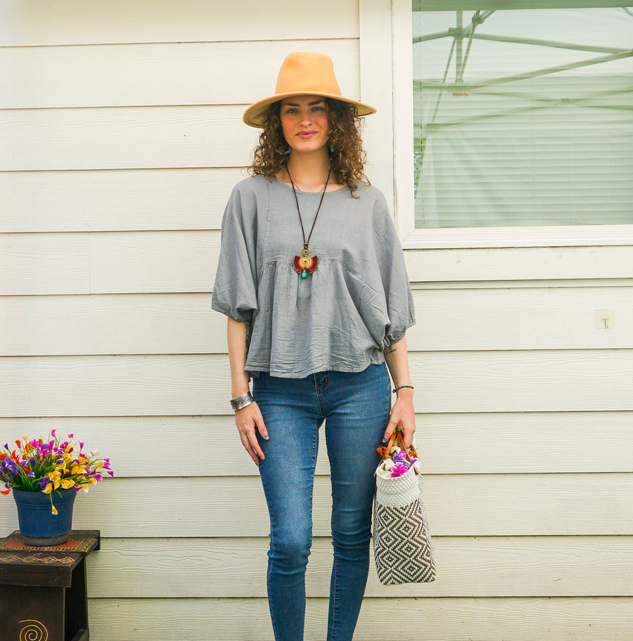 Light Gray Raw Natural Cotton Gauze Boho Minimalist Blouse