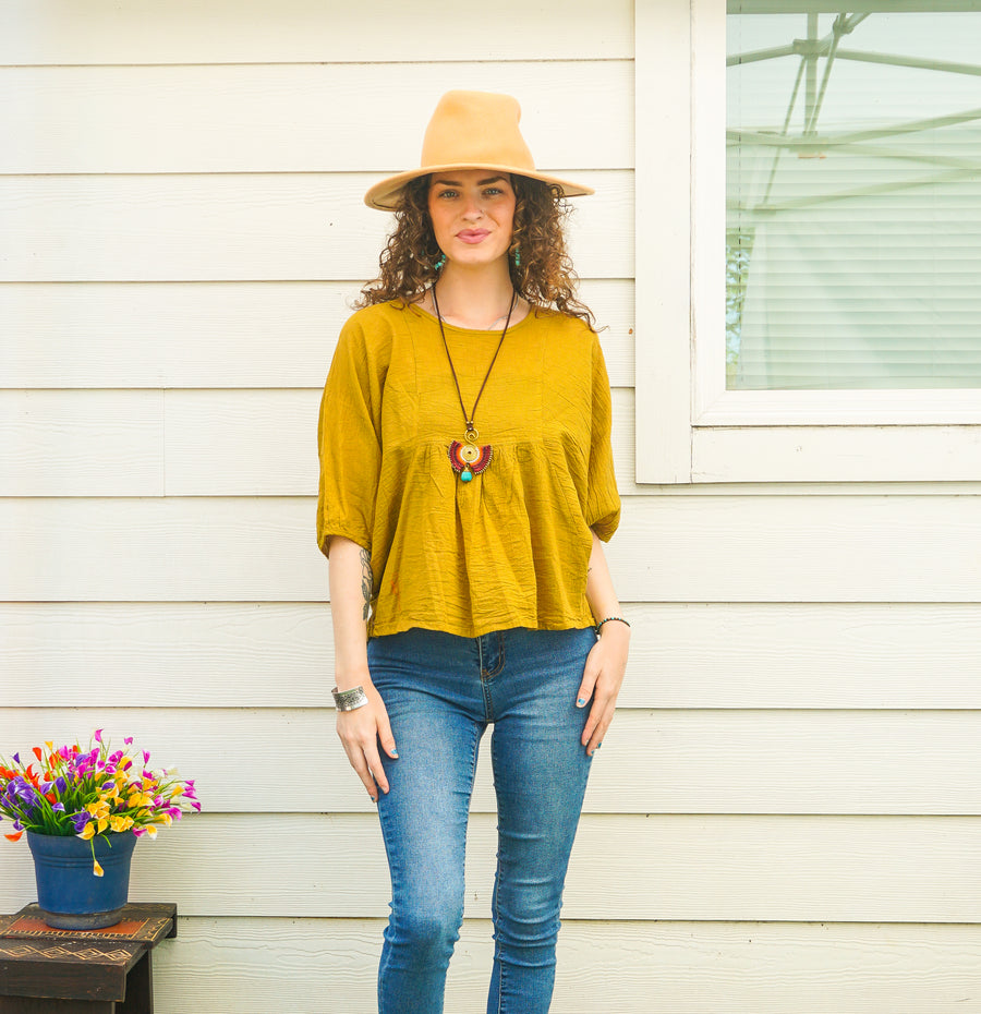 Mustard Yellow Raw Natural Cotton Gauze Boho Minimalist Blouse