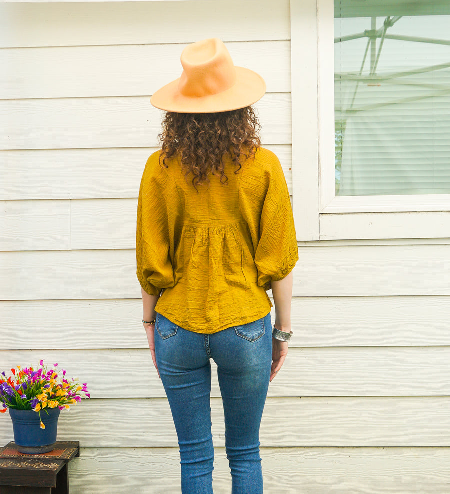 Mustard Yellow Raw Natural Cotton Gauze Boho Minimalist Blouse