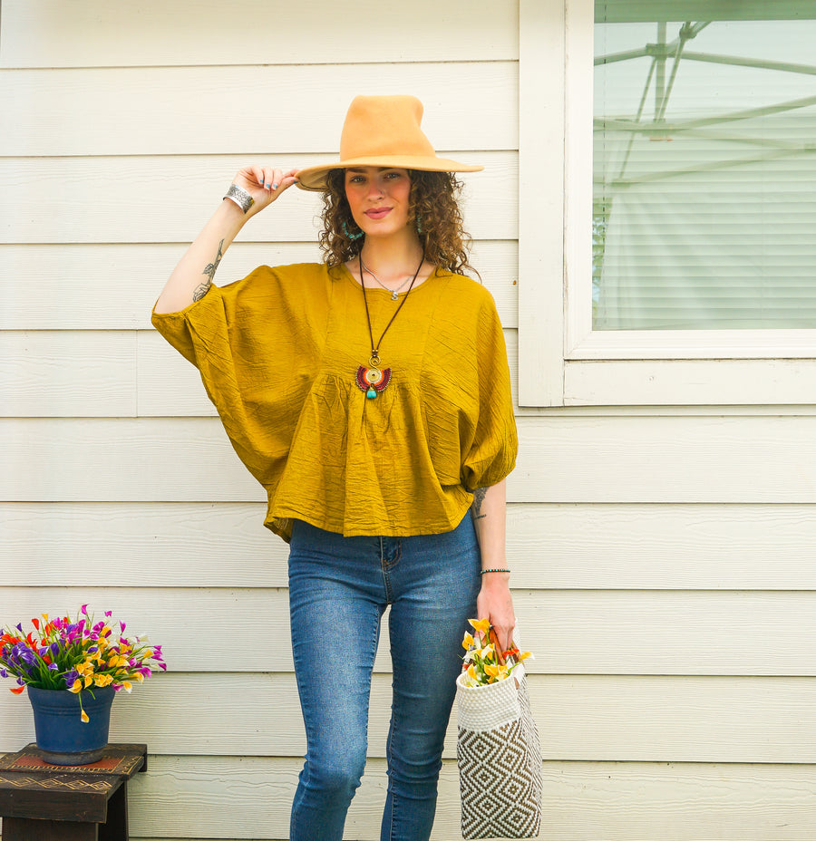 Mustard Yellow Raw Natural Cotton Gauze Boho Minimalist Blouse