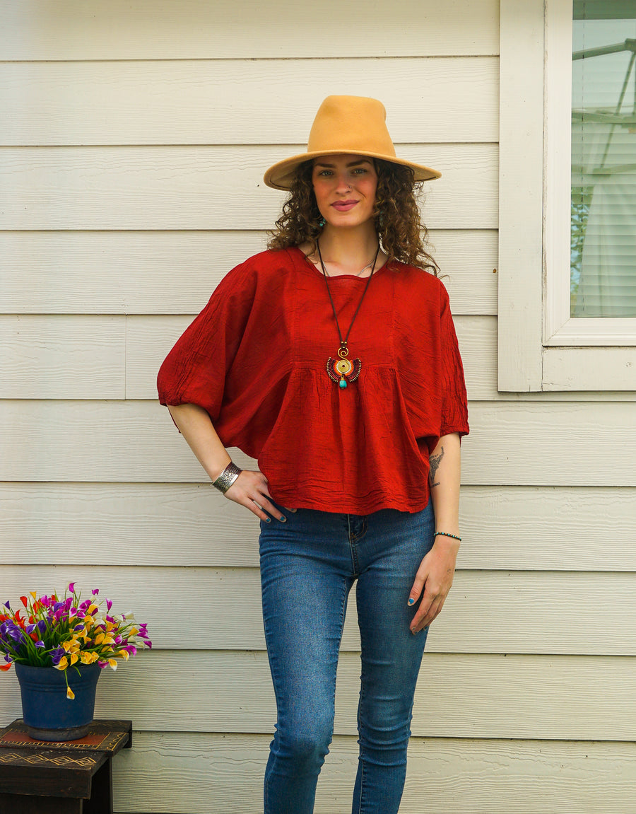 Burgundy Raw Natural Cotton Gauze Boho Minimalist Blouse