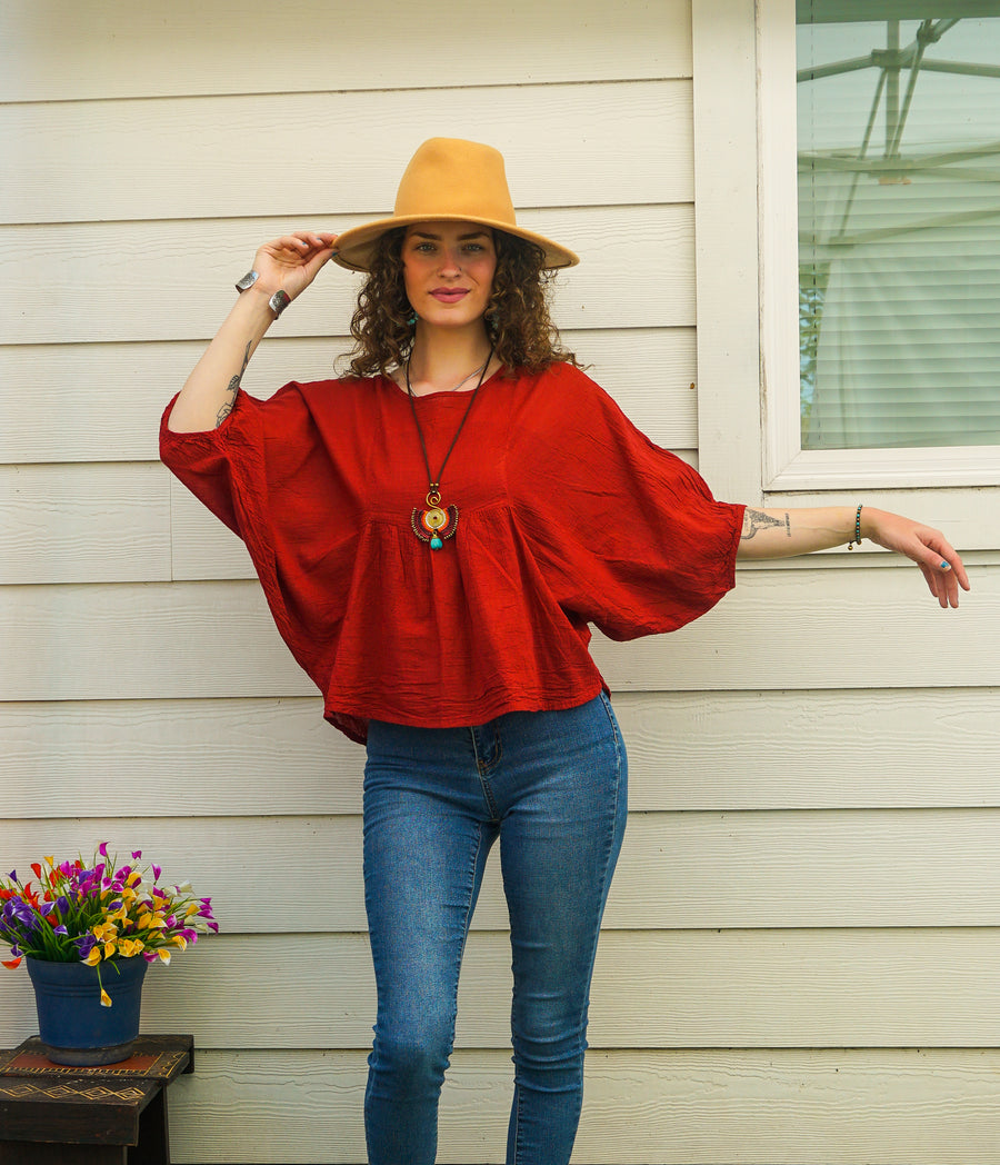 Burgundy Raw Natural Cotton Gauze Boho Minimalist Blouse