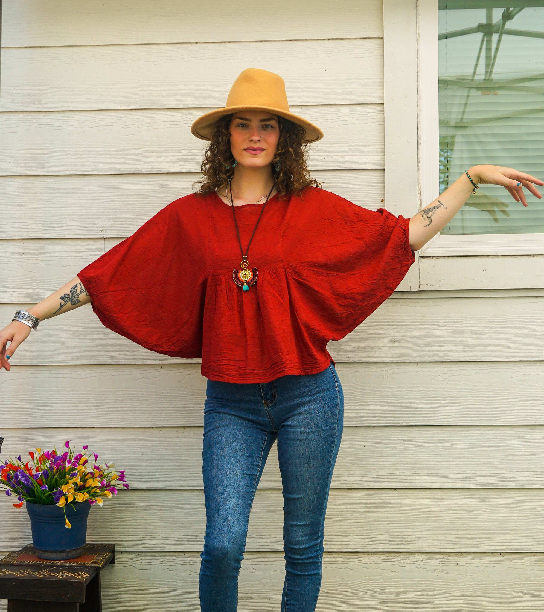 Burgundy Raw Natural Cotton Gauze Boho Minimalist Blouse