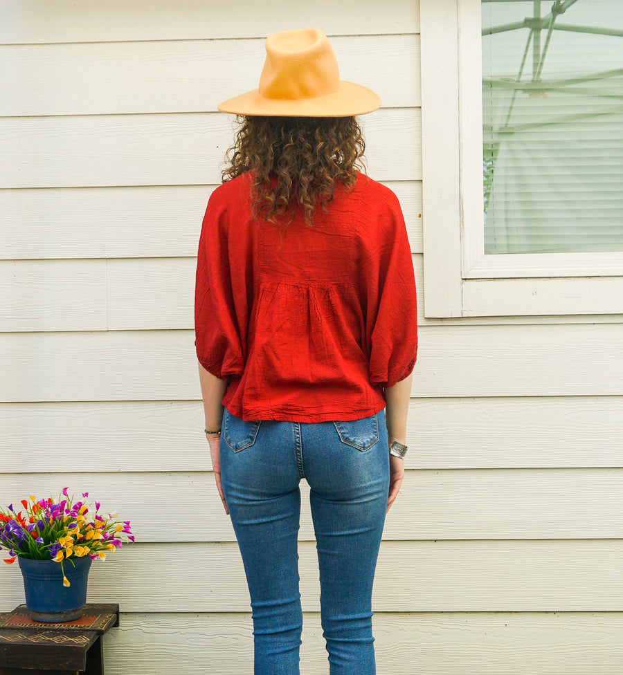 Burgundy Raw Natural Cotton Gauze Boho Minimalist Blouse