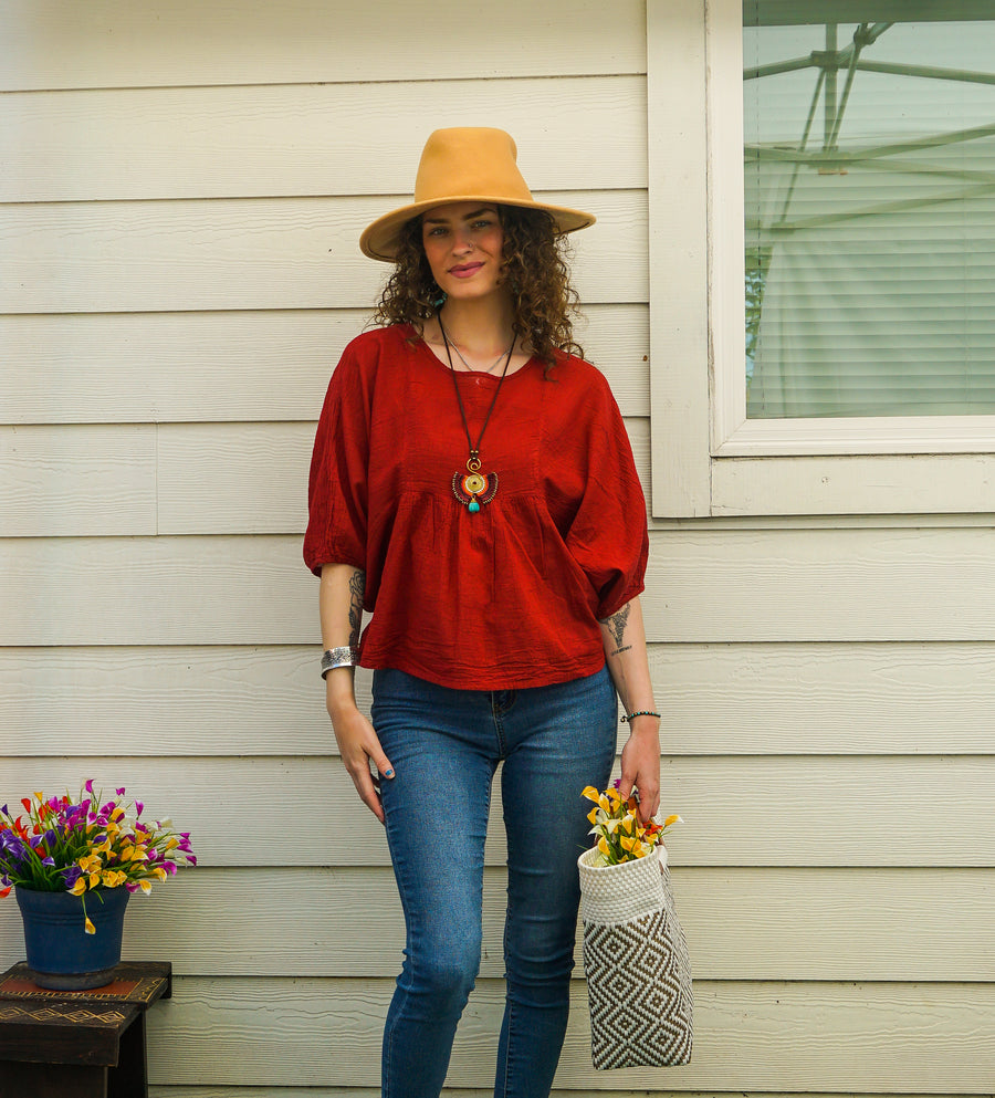 Burgundy Raw Natural Cotton Gauze Boho Minimalist Blouse