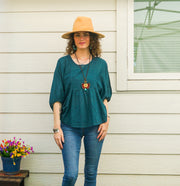 Teal Raw Natural Cotton Gauze Boho Minimalist Blouse