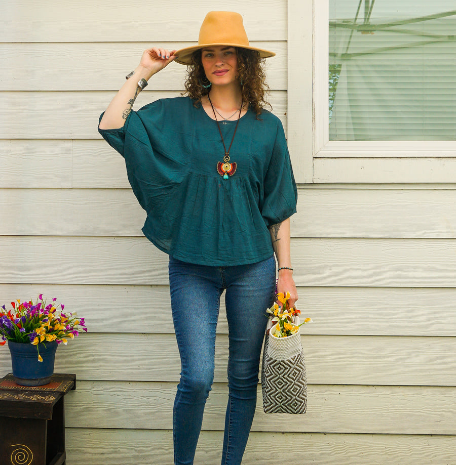 Teal Raw Natural Cotton Gauze Boho Minimalist Blouse