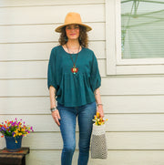Teal Raw Natural Cotton Gauze Boho Minimalist Blouse