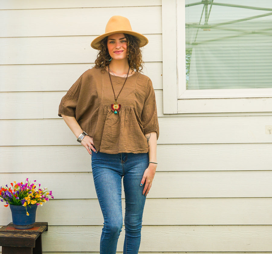 Brown Raw Natural Cotton Gauze Boho Minimalist Blouse