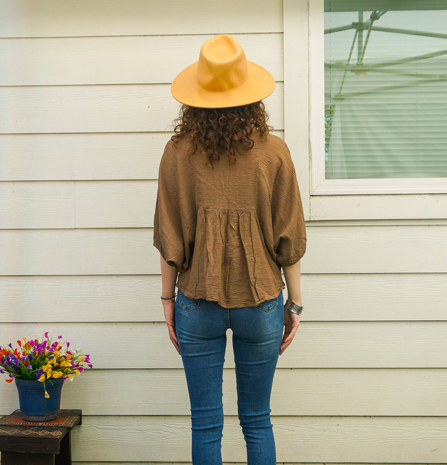 Brown Raw Natural Cotton Gauze Boho Minimalist Blouse