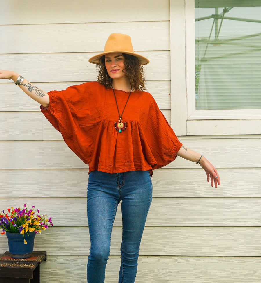 Rust Orange Raw Natural Cotton Gauze Boho Minimalist Blouse