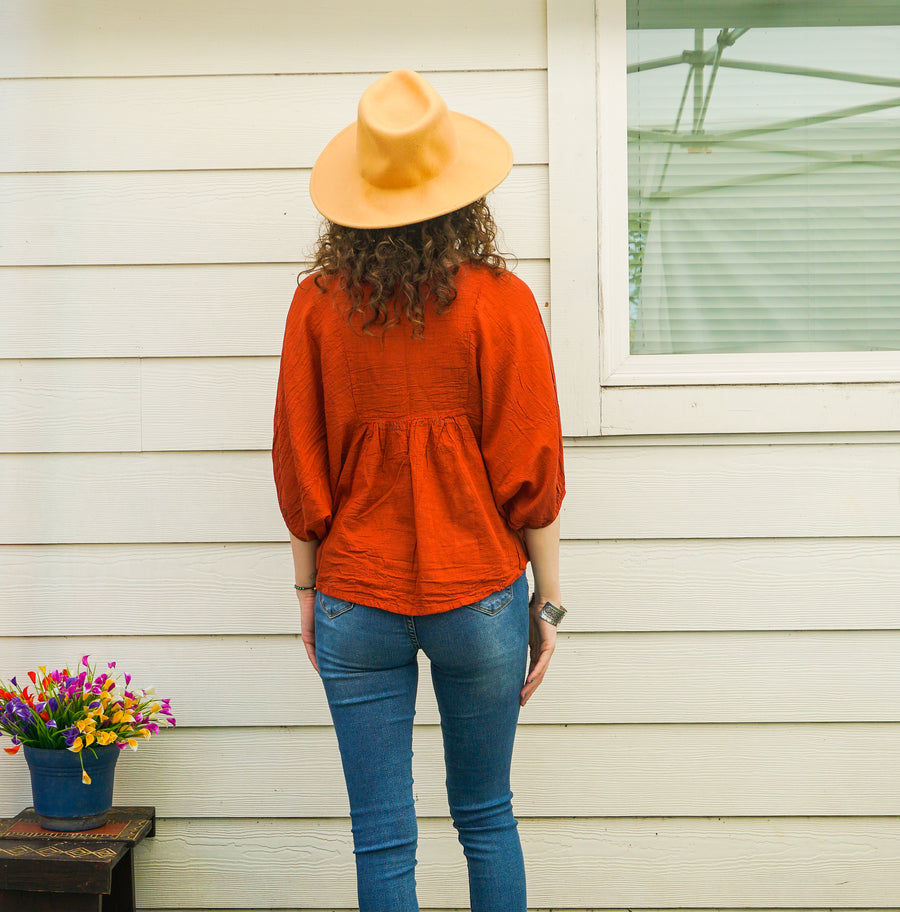 Rust Orange Raw Natural Cotton Gauze Boho Minimalist Blouse