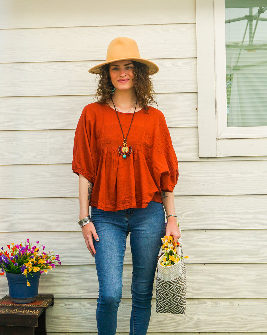 Rust Orange Raw Natural Cotton Gauze Boho Minimalist Blouse