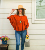 Rust Orange Raw Natural Cotton Gauze Boho Minimalist Blouse
