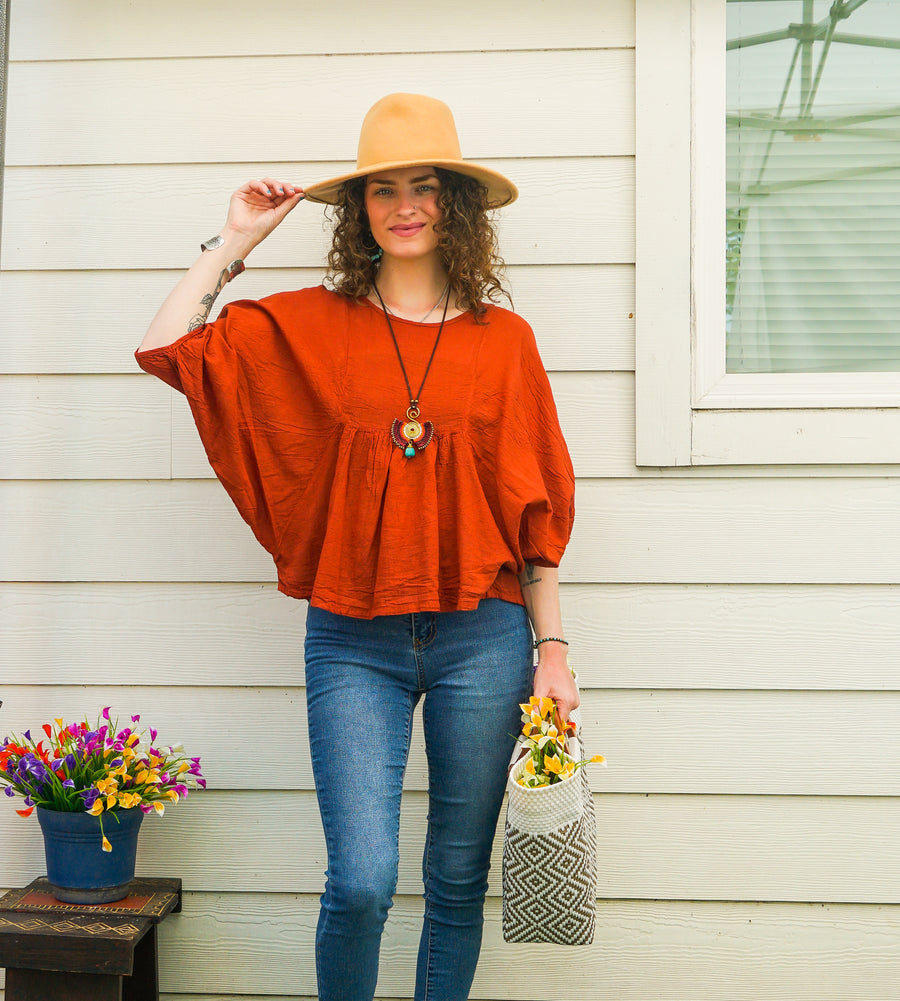 Rust Orange Raw Natural Cotton Gauze Boho Minimalist Blouse