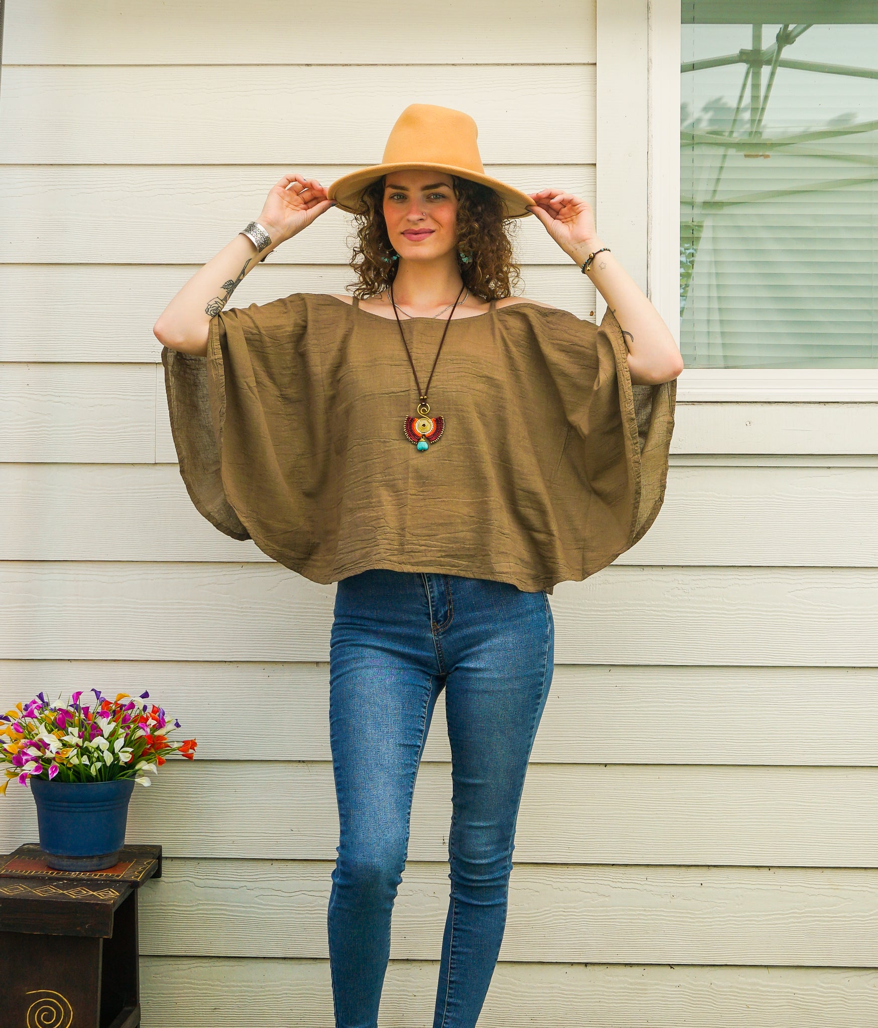 Stone Taupe Organic Cotton Gauze Kimono Blouse