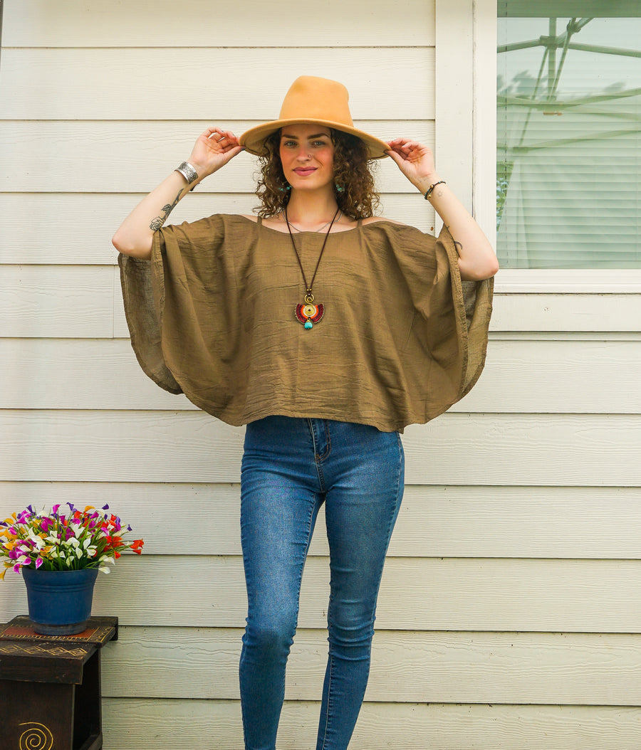 Stone Taupe Organic Cotton Gauze Kimono Blouse