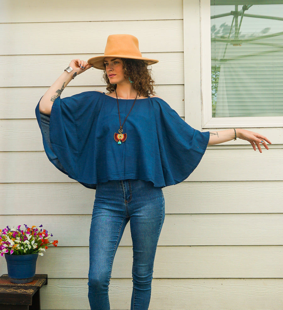 Teal Blue Organic Cotton Gauze Kimono Blouse