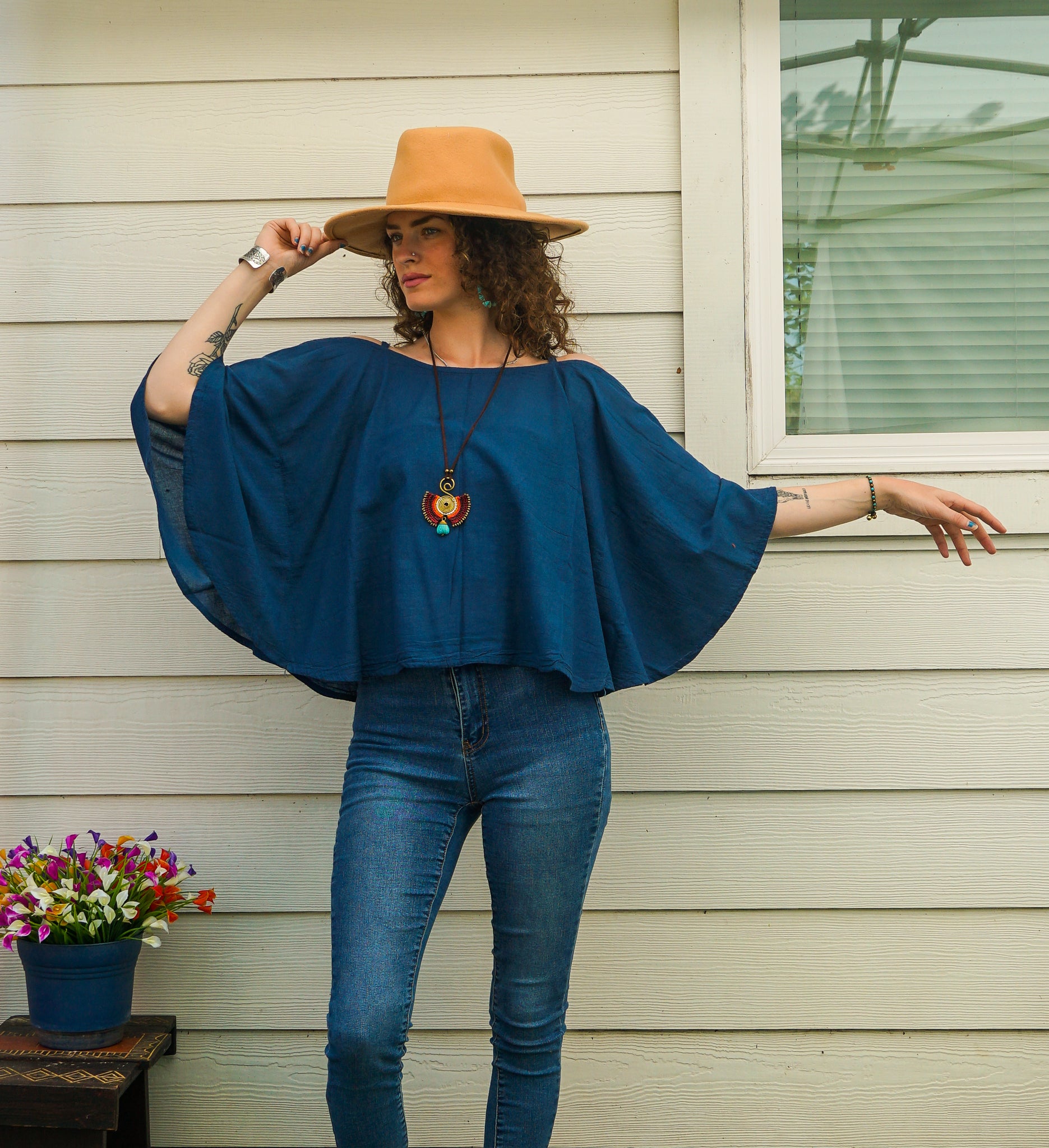 Teal Blue Organic Cotton Gauze Kimono Blouse