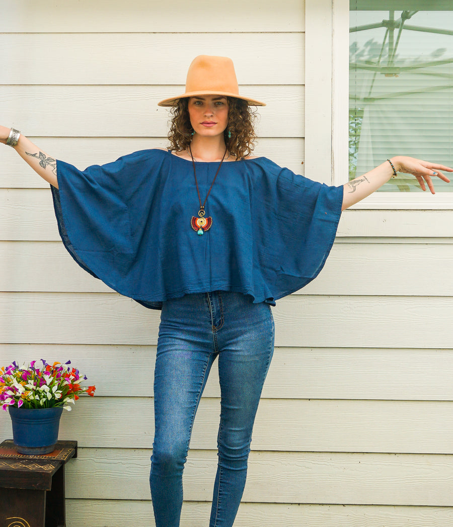 Teal Blue Organic Cotton Gauze Kimono Blouse