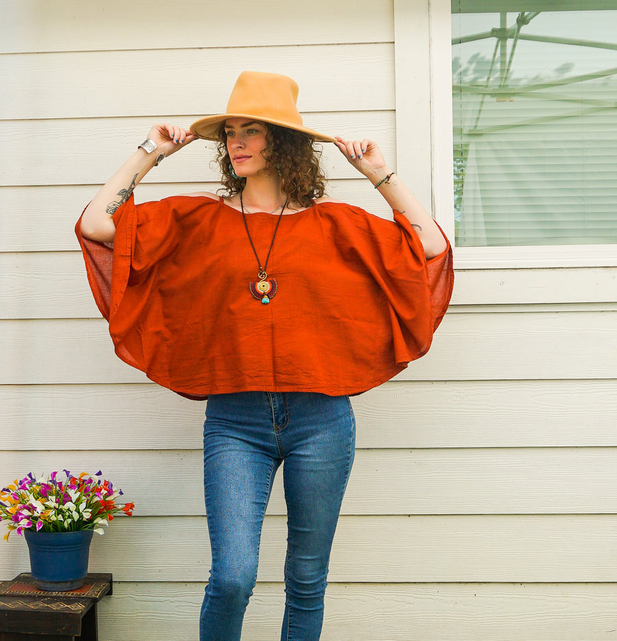 Organic Raw Cotton Gauze Kimono Blouse – Rust Orange Boho Minimalist Open-Shoulder Top