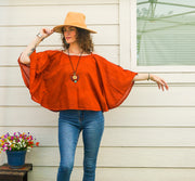 Organic Raw Cotton Gauze Kimono Blouse – Rust Orange Boho Minimalist Open-Shoulder Top