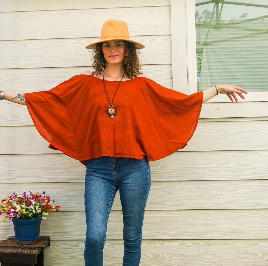 Organic Raw Cotton Gauze Kimono Blouse – Rust Orange Boho Minimalist Open-Shoulder Top