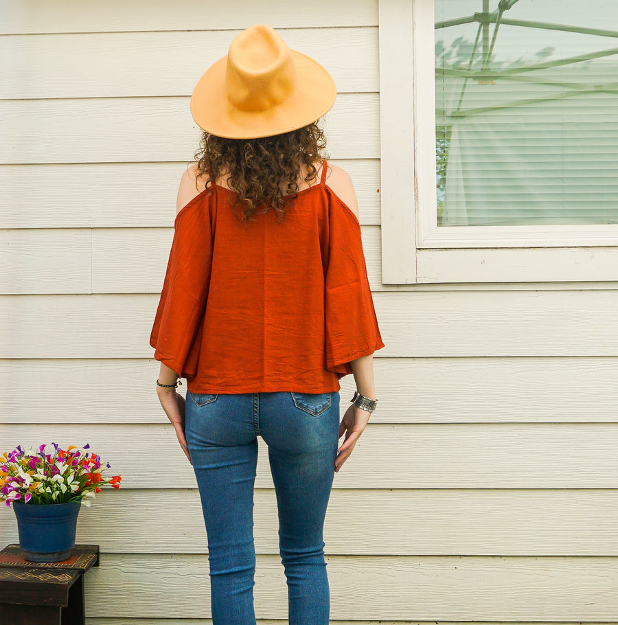 Organic Raw Cotton Gauze Kimono Blouse – Rust Orange Boho Minimalist Open-Shoulder Top