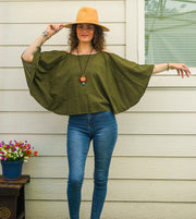 Organic Raw Cotton Gauze Kimono Blouse – Olive Green Boho Minimalist Open-Shoulder Top