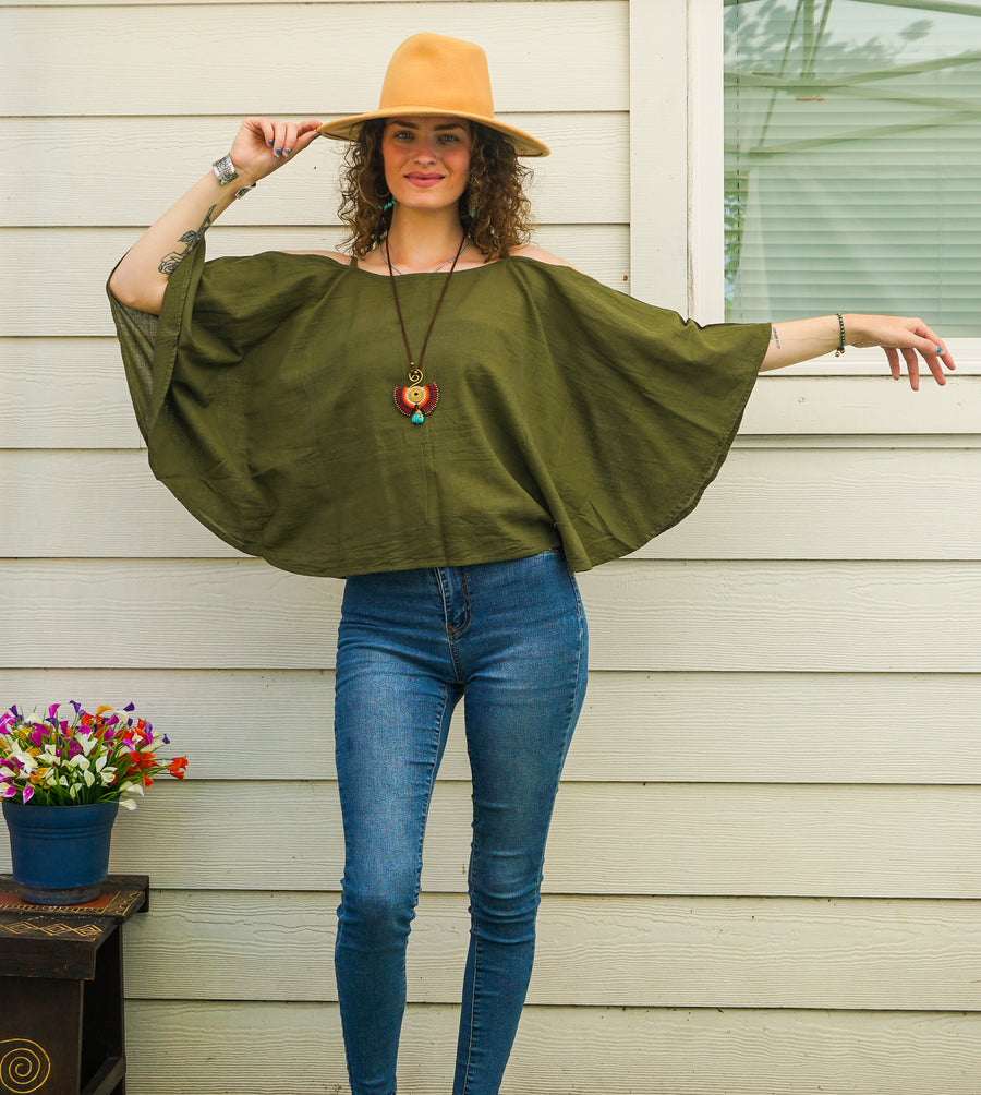 Organic Raw Cotton Gauze Kimono Blouse – Olive Green Boho Minimalist Open-Shoulder Top