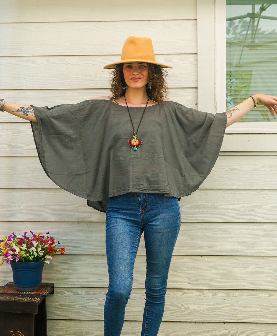 Stone Gray Organic Cotton Gauze Kimono Blouse
