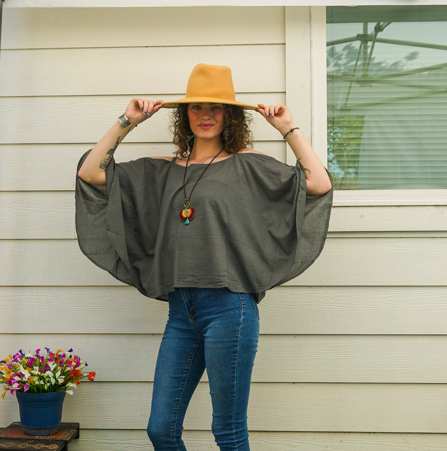 Stone Gray Organic Cotton Gauze Kimono Blouse