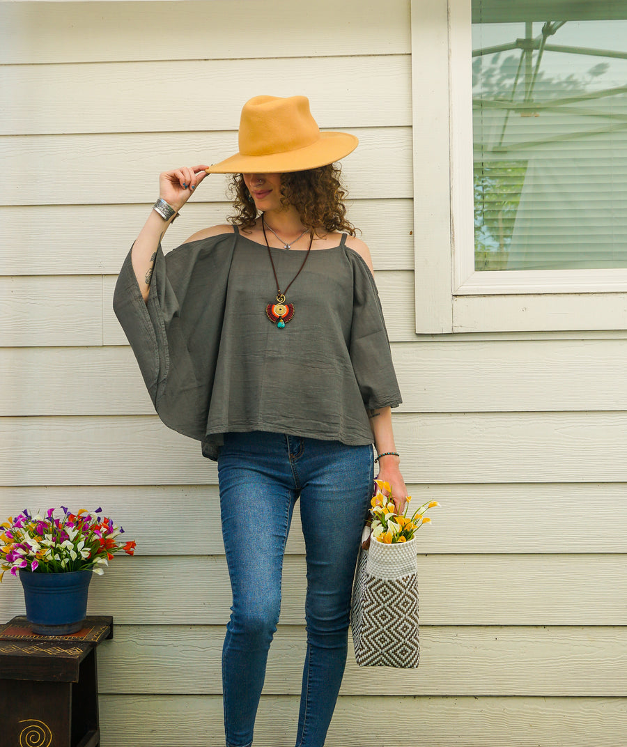 Stone Gray Organic Cotton Gauze Kimono Blouse