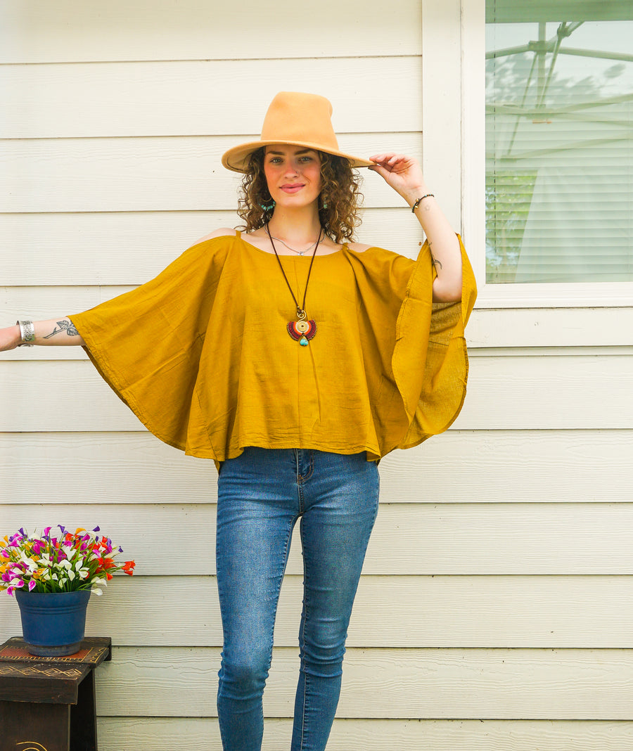 Organic Raw Cotton Gauze Kimono Blouse – Mustard Boho Minimalist Open-Shoulder Top
