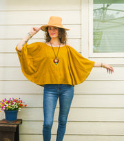 Organic Raw Cotton Gauze Kimono Blouse – Mustard Boho Minimalist Open-Shoulder Top