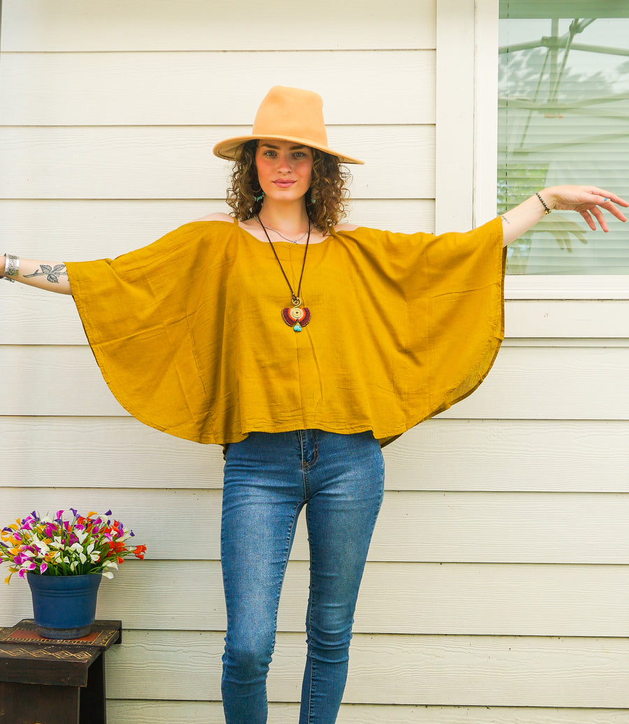 Organic Raw Cotton Gauze Kimono Blouse – Mustard Boho Minimalist Open-Shoulder Top